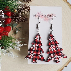 Red & Black Wooden Christmas Tree Earrings, Wooden Christmas Earrings, Christmas Tree Earrings, Christmas Tree Teacher Earrings, Snowflakes