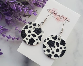 Black & White Cow Print Circle Leather Earrings, Cow Print Earrings, Genuine Leather Earrings, Geometric Earrings, Western Earrings