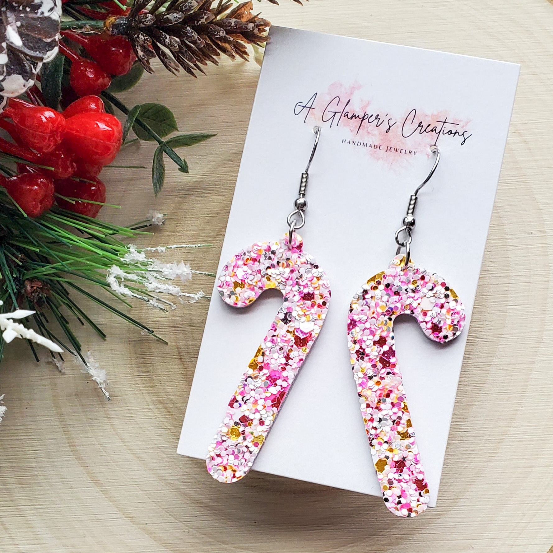 Pink Glitter Candy Cane Earrings Leather Christmas Earrings Etsy