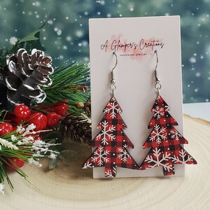 Red & Black Wooden Christmas Tree Earrings, Wooden Christmas Earrings, Christmas Tree Earrings, Christmas Tree Teacher Earrings, Snowflakes image 2