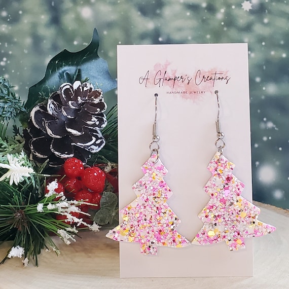 Pink Glitter Christmas Tree Earrings Leather Christmas Earrings