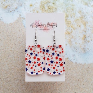 4th of July Red, White & Blue Stars Squoval Acrylic Earrings, Acrylic 4th of July Earrings, Squoval Earrings, Patriotic Earrings, Tiny Stars