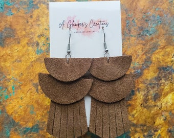 Brown Fringe Leather Earrings, Semicircles, Geometric Fringe Earrings, Handmade Fringe Earrings, Western Fringe Earrings, Suede Earrings