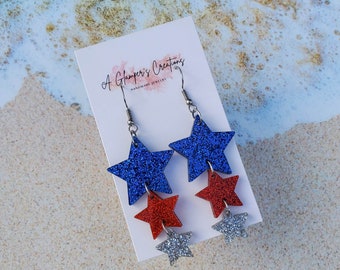 Blue, Red, Silver Glitter Stars Dangle Acrylic Earrings, Blue Red Silver Earrings, Patriotic Earrings, Dangle Earrings, 4th of July Earrings