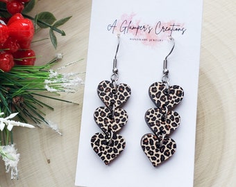 Leopard Triple Heart Dangle Earrings, Wooden Valentine's Earrings, Valentine Heart Earrings, Heart Dangle Valentine Earrings, Valentine Gift