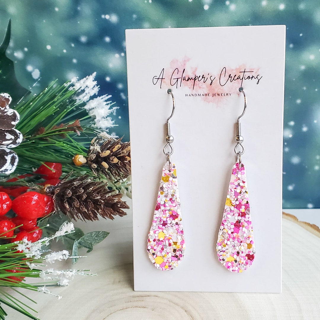 Pink Glitter Drop Earrings, Pink Leather Earrings, Valentine's Earrings ...