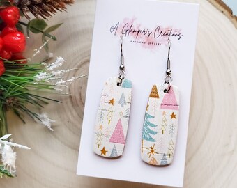 Christmas Cork Leather Earrings, Pink & Teal Christmas Earrings, Christmas Tree Earrings, Christmas Cork Leather Holiday Jewelry, Dangles