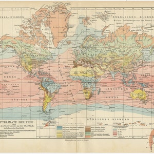 Impresión vintage original - Climas principales - Tierra - Mapa del Mundo - Meyer - 1916