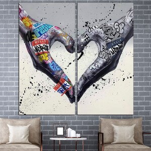 Graffiti hand image Digital prints Graffiti heart sign Banksy seal Hands of love Street art on canvas Graffiti wall art