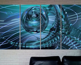 Abstract Collage Canvas Art: Teal Orb, Modern Wall Decor