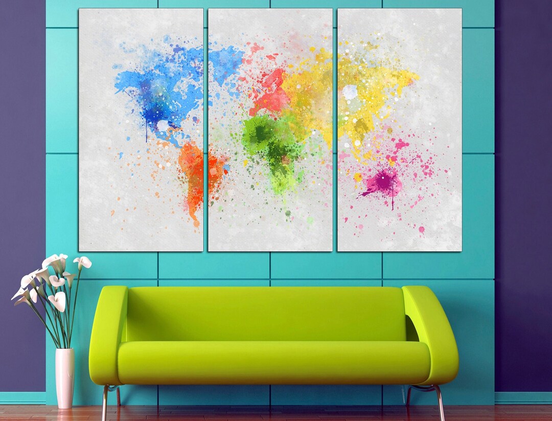Colorful World Map Canvas Print: Handmade Home Office Art - Etsy