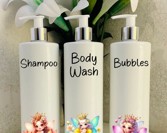 Bottiglie con pompa per bambini bianche Fairy Girls - Bottiglie ricaricabili personalizzate da 500 ml, Bagno, Bambini.