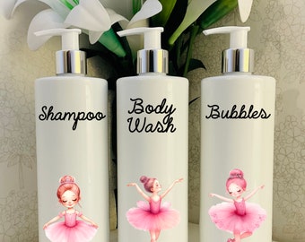 Bottiglie con pompa per bambini bianche Ballerina girls - Bottiglie ricaricabili personalizzate da 500 ml, Bagno, Bambini.