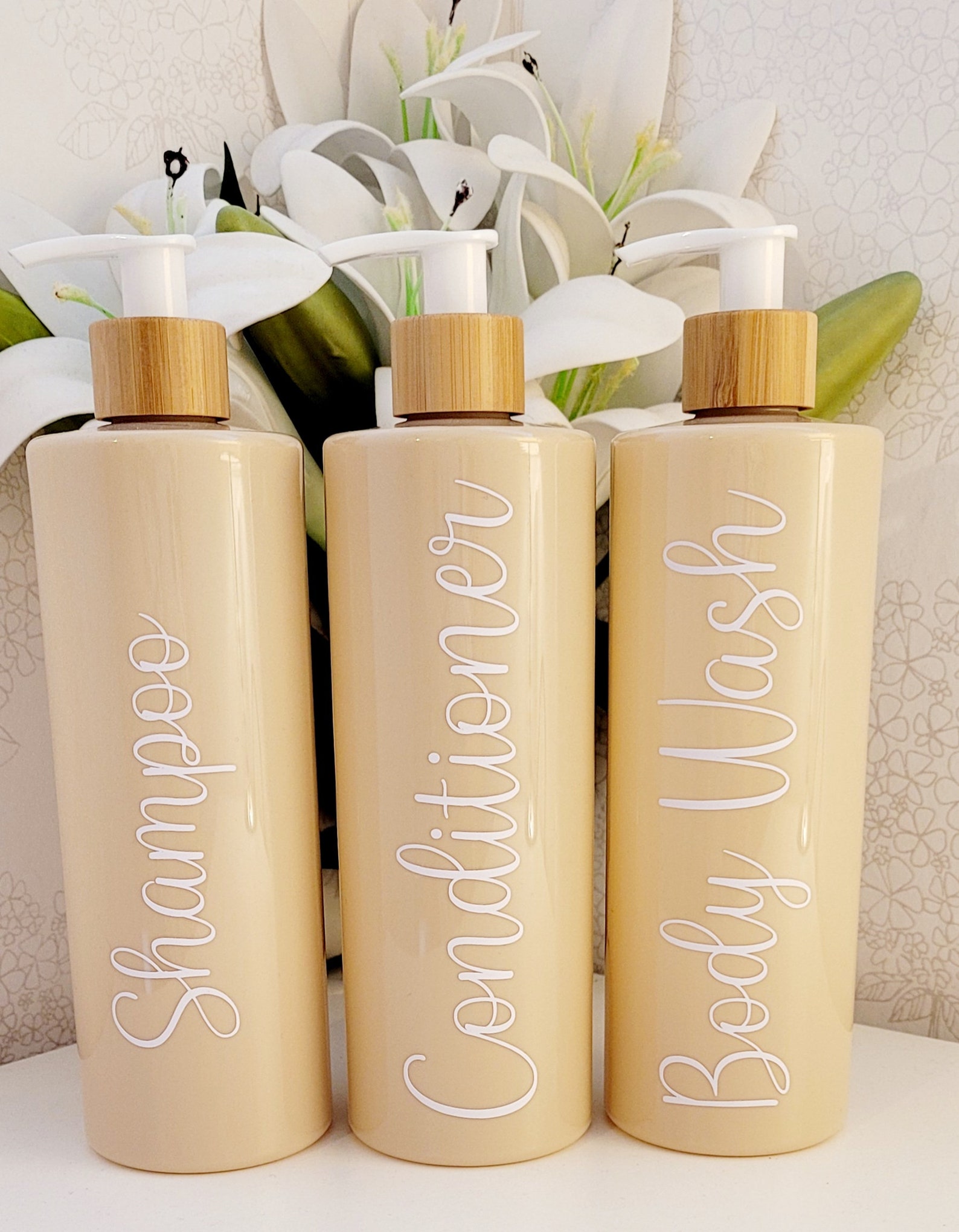 Set of 3 Bathroom Bamboo Pump Bottles/shampoo/conditioner/body - Etsy UK