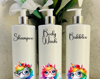 Unicorn girls White Kids Pump Bottles - Personalised refillable 500ml bottles, Bathroom, Children’s.