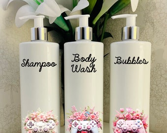 Gaming girls White Kids Pump Bottles - Personalised refillable 500ml bottles, Bathroom, Children’s.