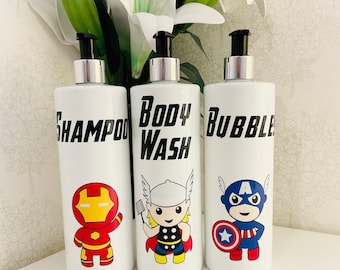 Superhero White Kids Pump Bottles - Personalised refillable 500ml bottles, Ironman, Captain America, Thor, Bathroom, Children’s.