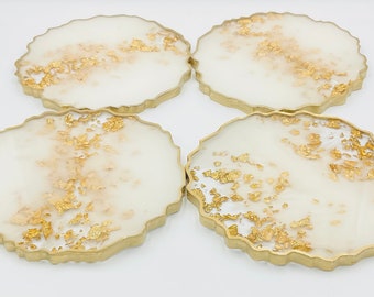 White and Gold Resin Coaster: Handmade Home Decor