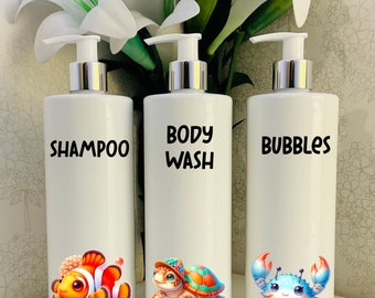 Bottiglie pompa per bambini bianche a tema mare - Bottiglie ricaricabili personalizzate da 500 ml, bagno, bambini, deposito bagno, bottiglia di shampoo