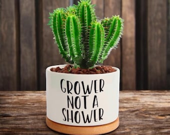 May include: White ceramic planter with a wood base. The planter has black text that reads "Grower Not A Shower". A green cactus plant is in the planter.