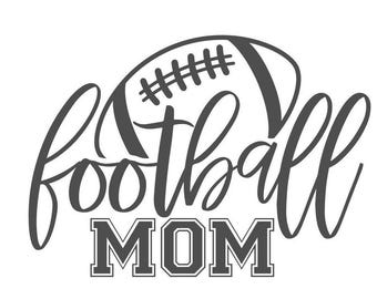 May include: Black and white graphic design of a football with the text "football mom" in a stylized font.