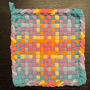 SUNNY PASTEL  Handmade Potholder, Woven Trivet, Bridal Shower, Kitchen Gift, Farmhouse Housewarming Handmade Gift, Chef Gift