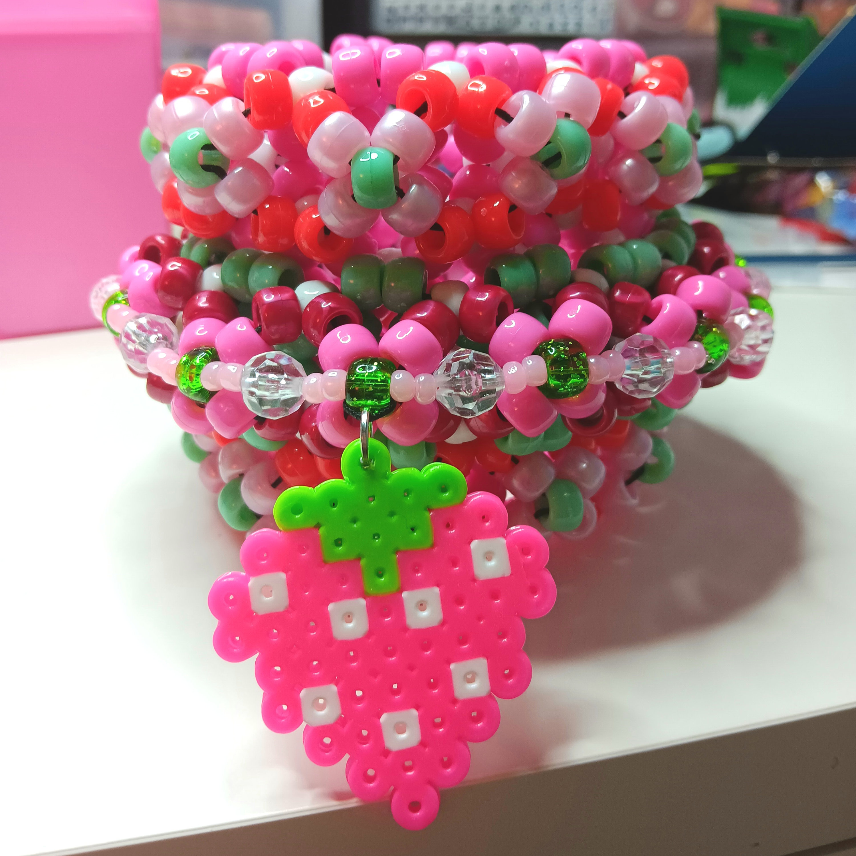 Strawberry Rotating Kandi Cuff- Pink Cutecore Kawaii Fairy
