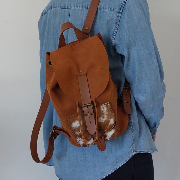 Sac à dos Marron / Peau de vache avec poils / Souple / Femme / Cuir / France / Fait main / Cadeau/