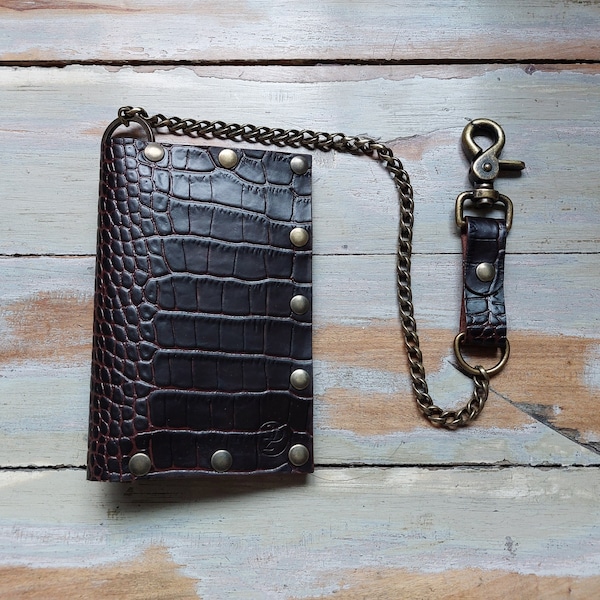 Biker wallet with chain in vegetable tanned leather/brown / Passport holder / Made in France / leather biker wallet/gift