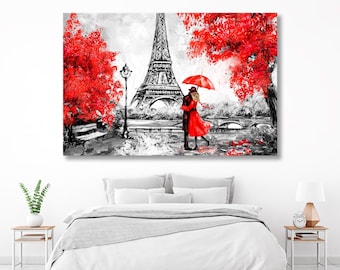 May include: A black and white painting of a couple kissing under a red umbrella in front of the Eiffel Tower. The couple is standing on a sidewalk with red trees in the background.