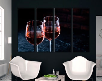 Two Glasses Canvas Art, Wine Canvas Art, Rose Wine Print Art, Glasses Decor Wall Art, Romantic Canvas Art, Dark Blue Background Wall Art,