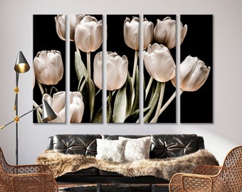 White Tulips Canvas Art, Black Background, 5 Panel Wall Decor