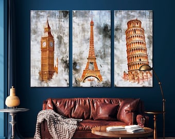 May include: Three canvas prints featuring iconic landmarks: Big Ben, the Eiffel Tower, and the Leaning Tower of Pisa. The prints are in a watercolor style with a white background and brown accents.