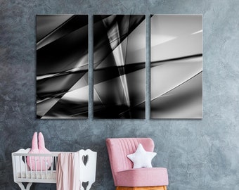 Abstract Black and White Canvas Wall Art, Modern Metallic Print
