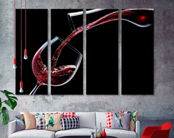 May include: A three-panel canvas print featuring a close-up of a glass of red wine being poured from a decanter against a black background.