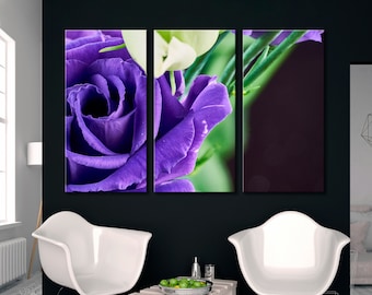 Lienzo de rosa morada con fondo negro, decoración floral para pared.