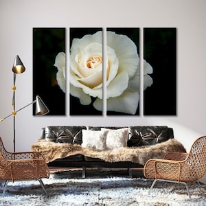 Impresión de lienzo de rosa blanca, grandes pinturas de rosa blanca, fondo negro de rosa blanca, decoración de rosa blanca, impresión de pared de rosa blanca, arte de pared de decoración BW