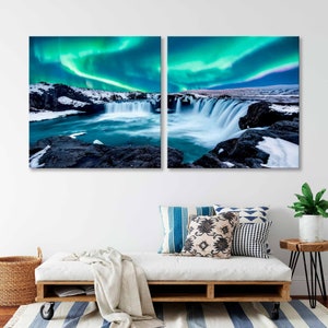 Godafoss Waterfall Canvas Print, Iceland Northern Lights Wall Art - Etsy