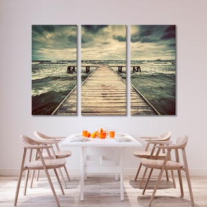 Vintage Canvas Print, Ocean Canvas Print Art, World Wall Art ,Storm Sea Artwork, Gray Sky Wall Print Art, Wooden Jetty Canvas Print Art