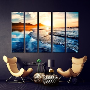 Sunset Canvas Print, Ocean Canvas Print, Ocean Beach Wall Art,  5 Panel Wall, Blue Sea and Sky Artwork, Fantasy Wall Art , Waves Wall Print