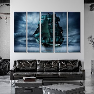 Sailboat Fog Canvas Art, Flying Dutchman WallArt, Sailboat WallArt, Flying Dutchman Canvas Art, Sailboat Print Art, 5 Panels Ocean WallArt