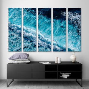 Blue Panoramic Art, Splashing Waves Wall Art, Waves Ocean Print, Sea Waves Art, Ocean Panoramic Canvas Print, Waves Wall, Blue Decor Art