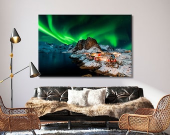 Hamnoy Norway Decor Art, Northern Winter Wall Art, Aurora Canvas Art, Landscape Print Art, Aurora Borealis Canvas Art, Seascape Canvas Art,