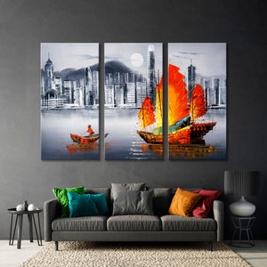 Victoria Harbour Hong Kong Canvas,  Harbour Painting, Scarlet Sails Decor, Blue Background, Ship Wall, Marine Print Art, Seascape Canvas