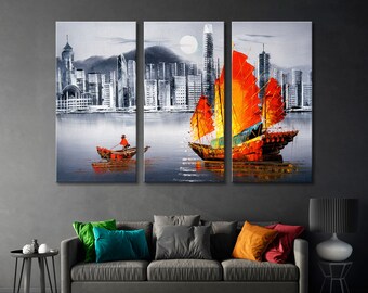 Hong Kong Hafen Leinwand Druck, Scharlachrote Segel, Meer Wand Kunst