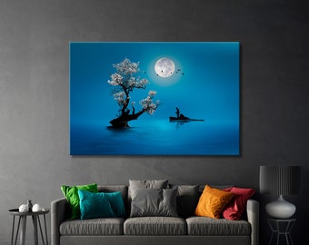 Blue Moon Canvas Print, Fishing Boat, Landscape Art