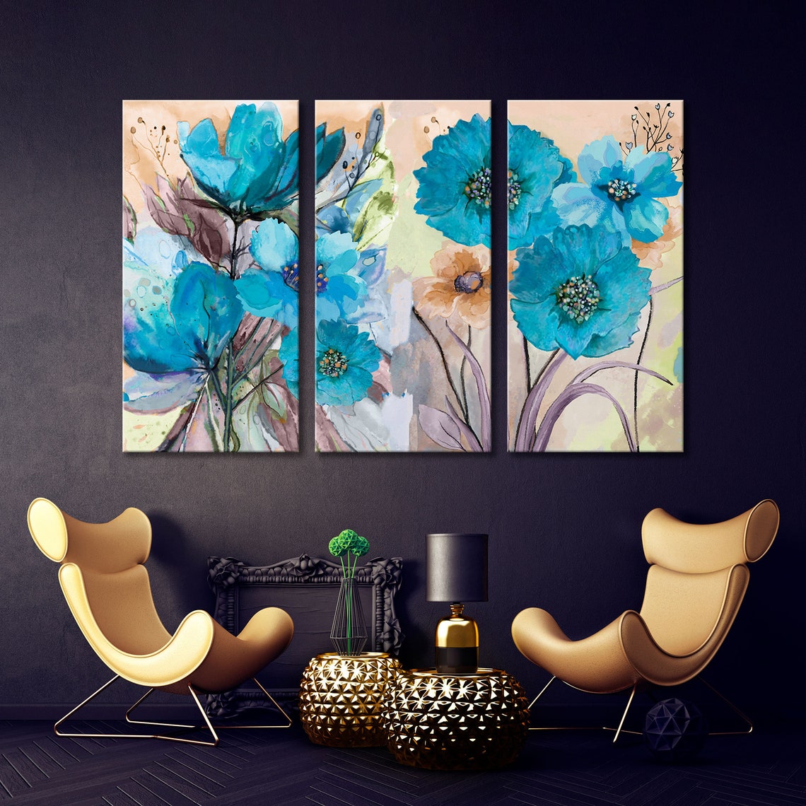 Blue Flowers Canvas Print Flowers Large Wallart Floral Print Etsy