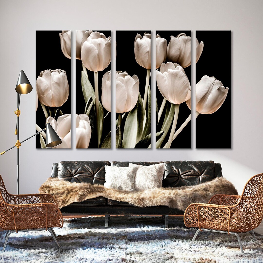 Black Background White Tulips Canvas Art White Tulips Etsy