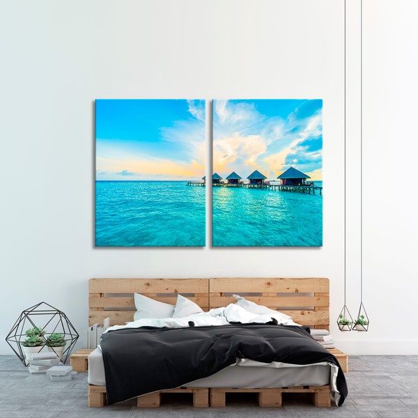 Oceaan canvas print, speelse blauwe water kunst aan de muur, oceanische kunstwerken, Beachy Sea Life decor, dromerige Sky canvas print, Beach House decor