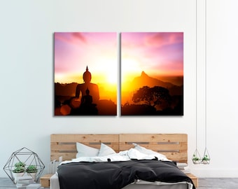 Buddha Wall Art, Silhouette Buddha Canvas Art, Orange Sunset Canvas Print, Sunset Canvas Print, Mountains Canvas Wall, Silhouette Canvas Art